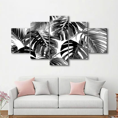 Black and White Tropical Palm Leaves Wall Art, Palm Leaf Wall Art, 5 Piece Large Cavas Print Wall Art