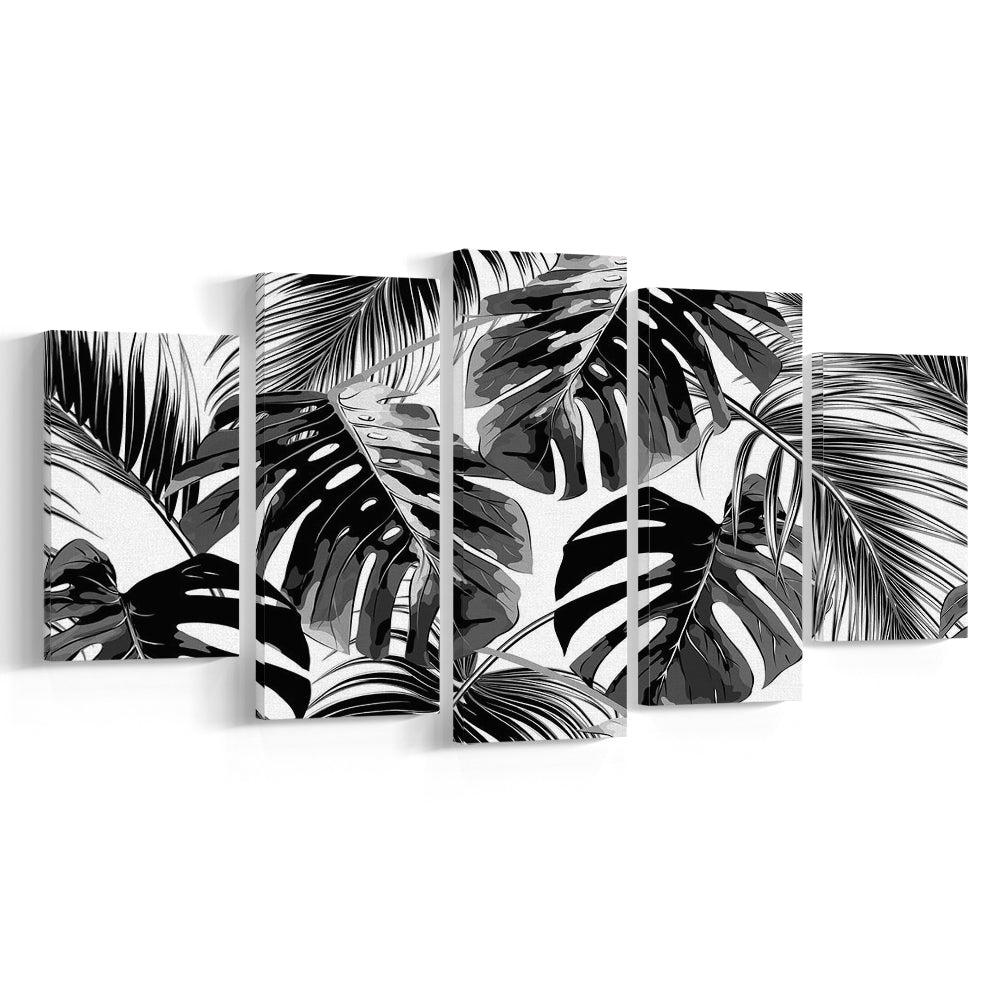 Black and White Tropical Palm Leaves Wall Art, Palm Leaf Wall Art, 5 Piece Large Cavas Print Wall Art