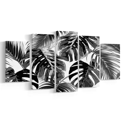 Black and White Tropical Palm Leaves Wall Art, Palm Leaf Wall Art, 5 Piece Large Cavas Print Wall Art