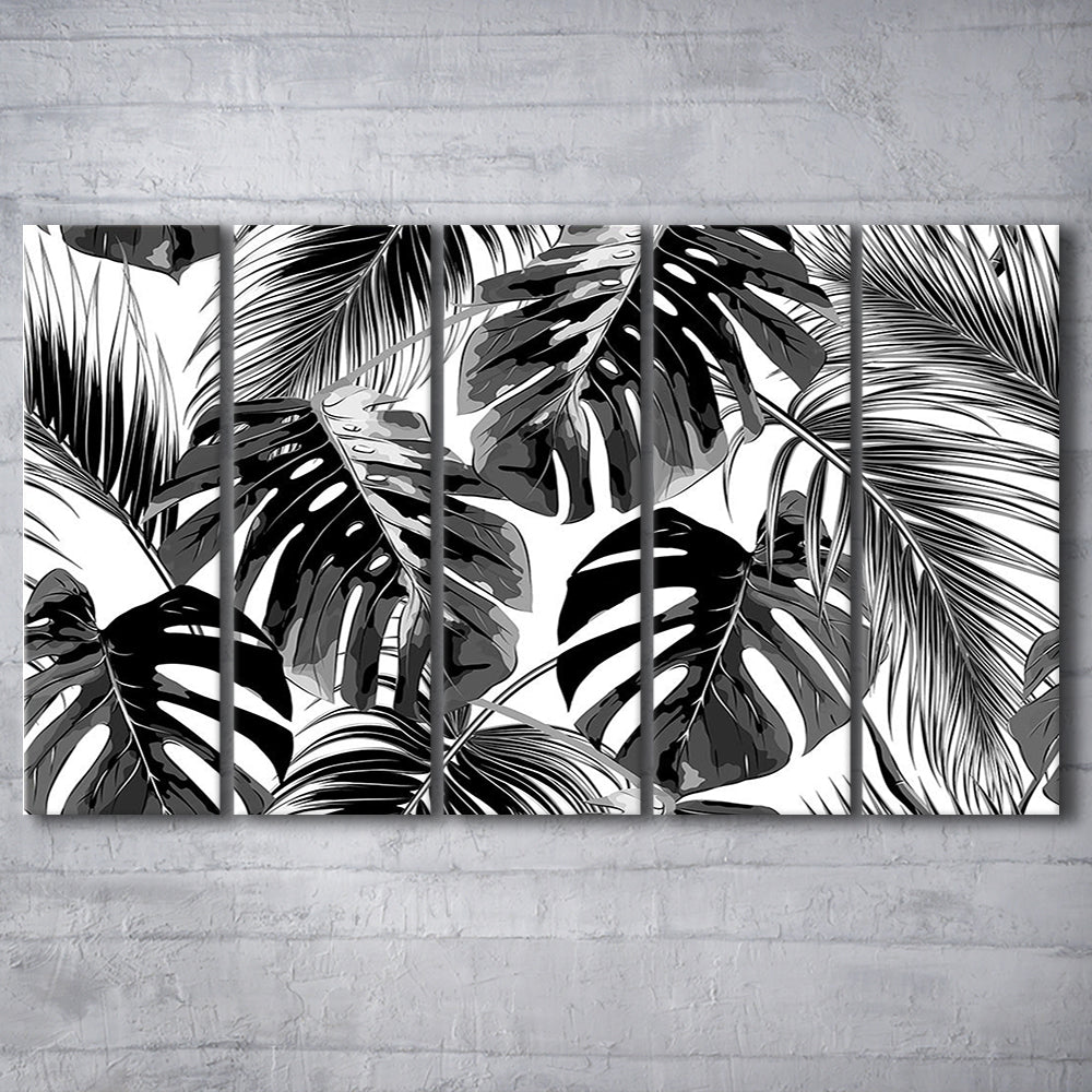 Black and White Tropical Palm Leaves Wall Art, Palm Leaf Wall Art, 5 Piece B Extra Large Cavas Print Wall Art Decor