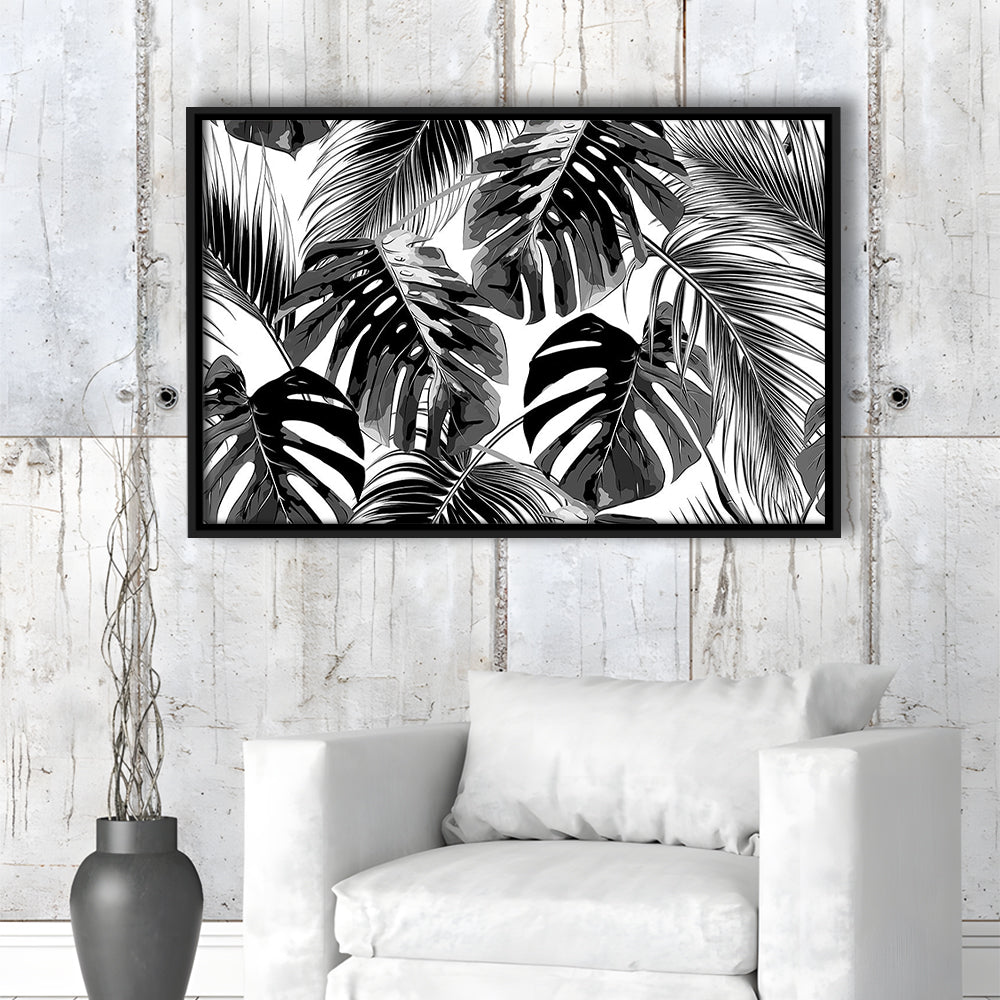 Black And White Tropical Palm Leaves Wall Art, Palm Leaf Wall Art, Framed Cavas Print, Floating Frame