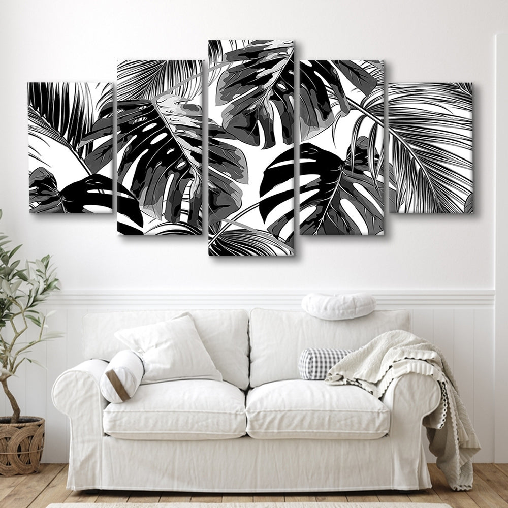 Black and White Tropical Palm Leaves Wall Art, Palm Leaf Wall Art, 5 Piece Large Cavas Print Wall Art