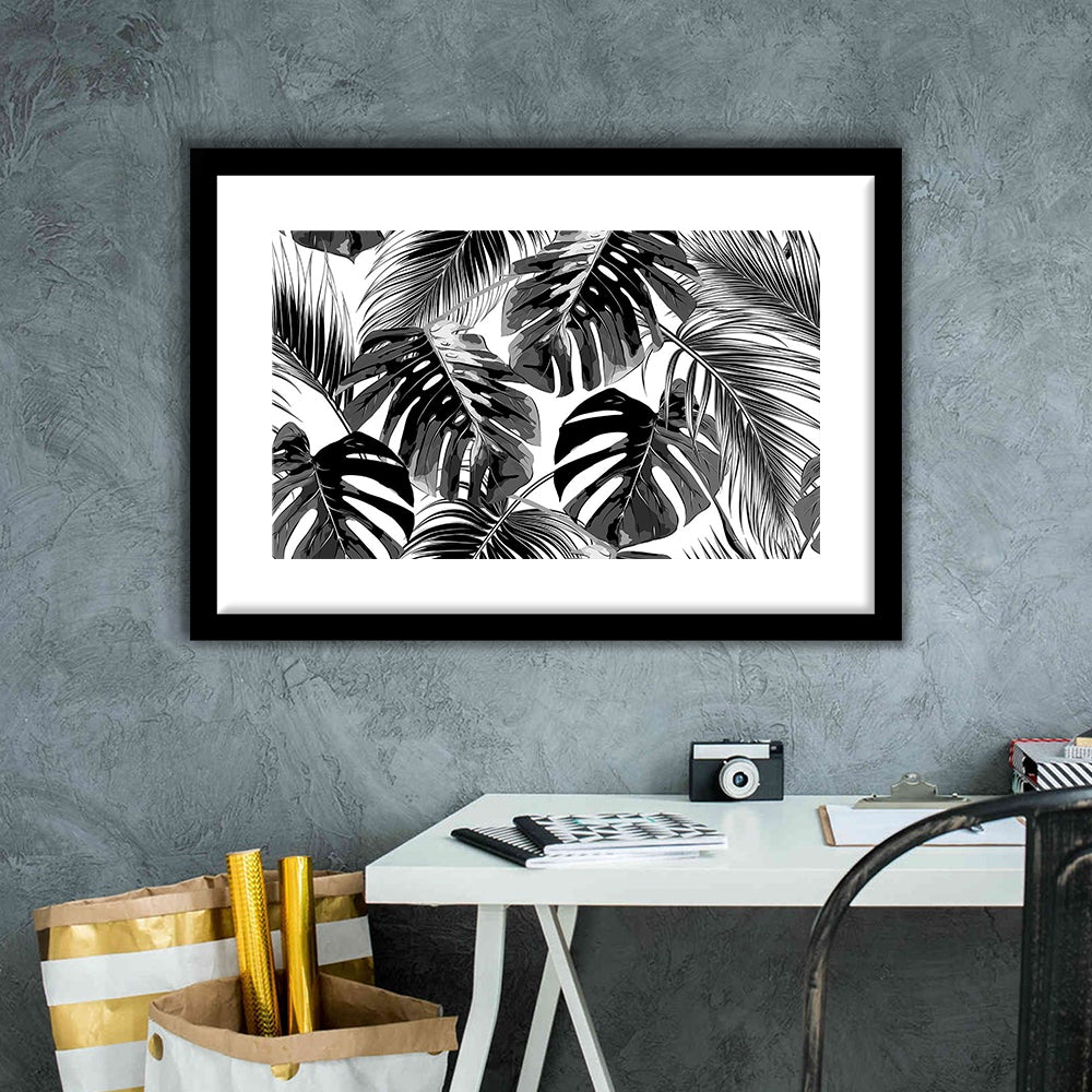 Black And White Tropical Palm Leaves Wall Art, Palm Leaf Wall Art, Framed Art Print White Border