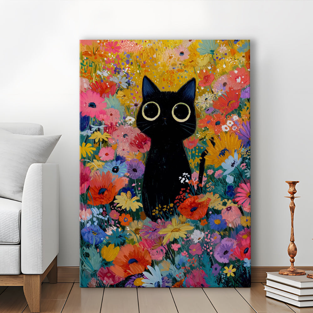 Black Cat In Flowers Painting Wall Art Print, Canvas Print, Canvas Decor