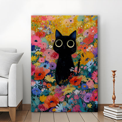 Black Cat In Flowers Painting Wall Art Print, Canvas Print, Canvas Decor