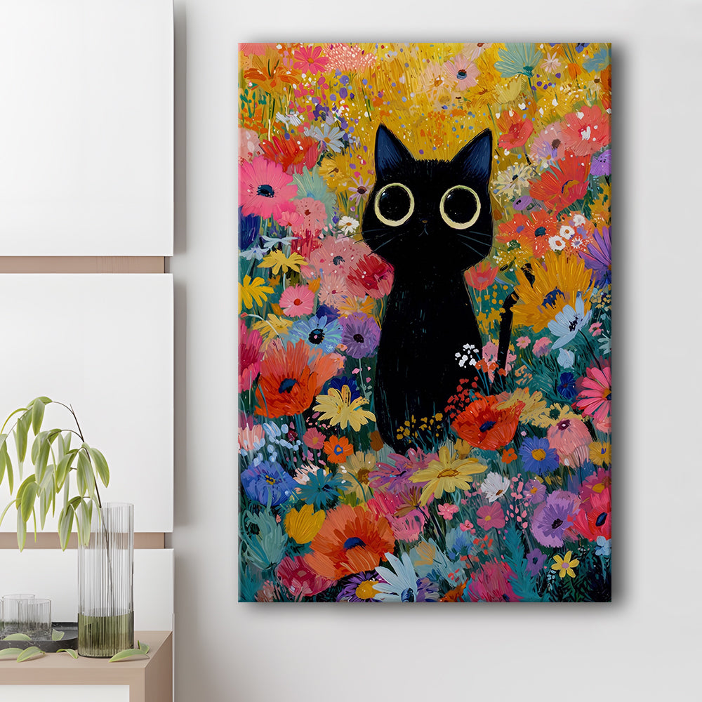 Black Cat In Flowers Painting Wall Art Print, Canvas Print, Canvas Decor