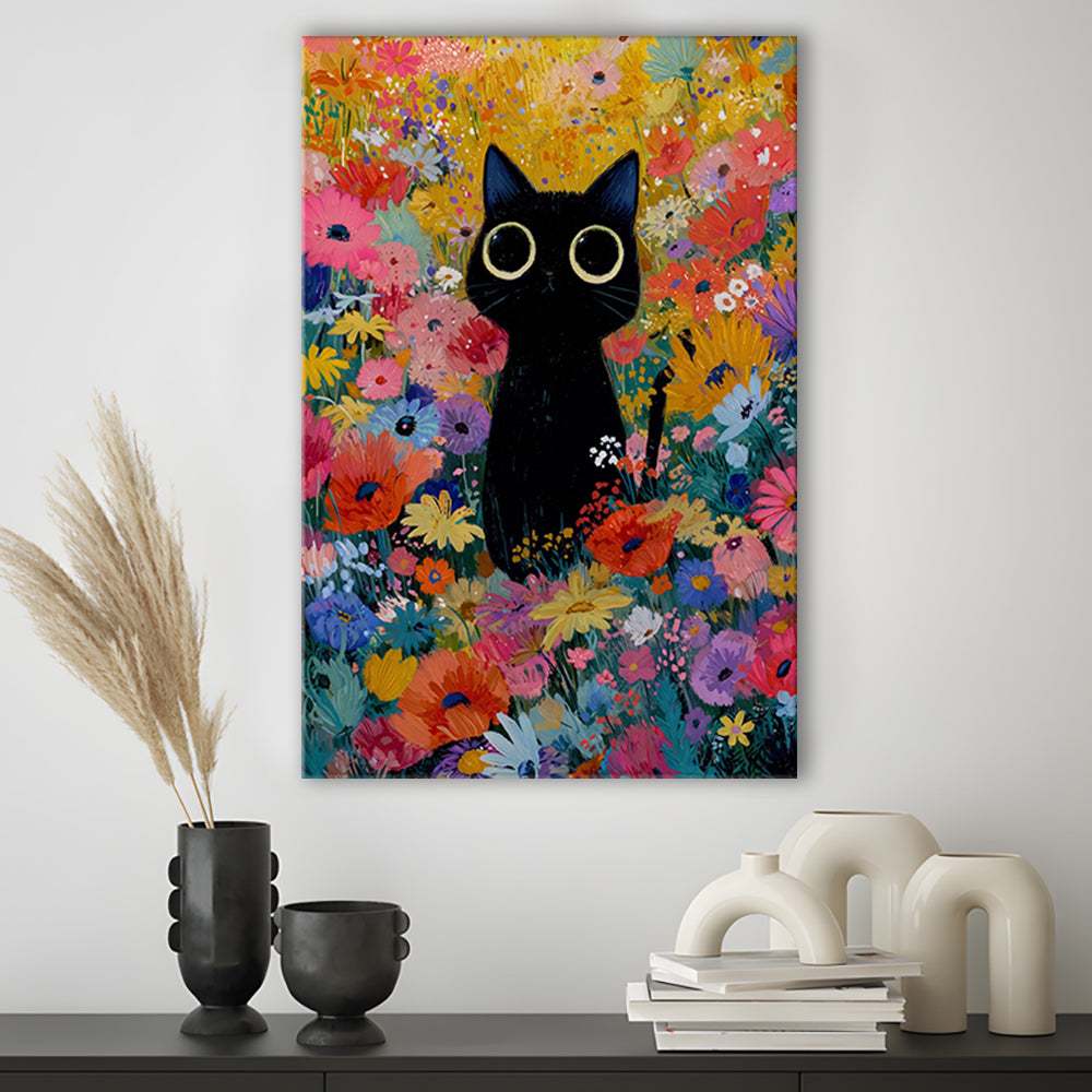Black Cat In Flowers Painting Wall Art Print, Canvas Print, Canvas Decor