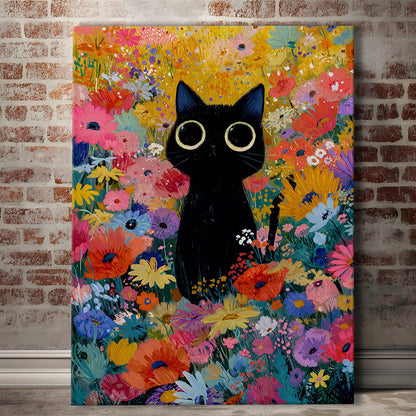 Black Cat In Flowers Painting Wall Art Print, Canvas Print, Canvas Decor