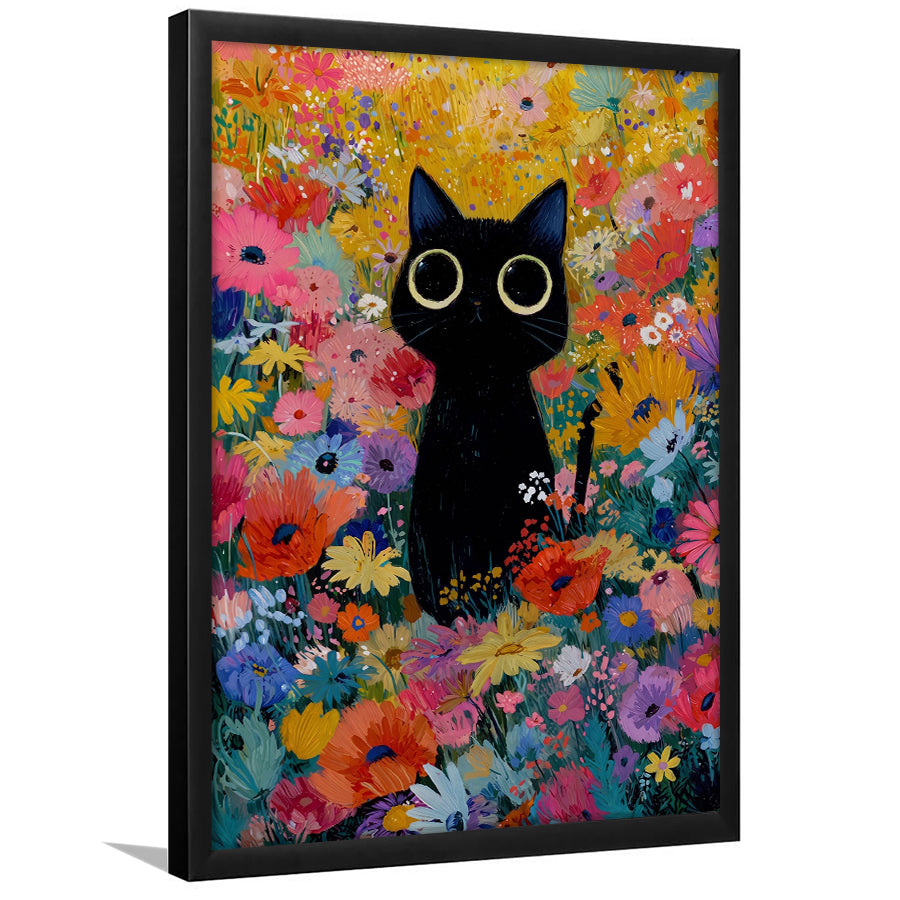 Black Cat In Flowers Painting Wall Art Print, Framed Art Print, Fine Art Print