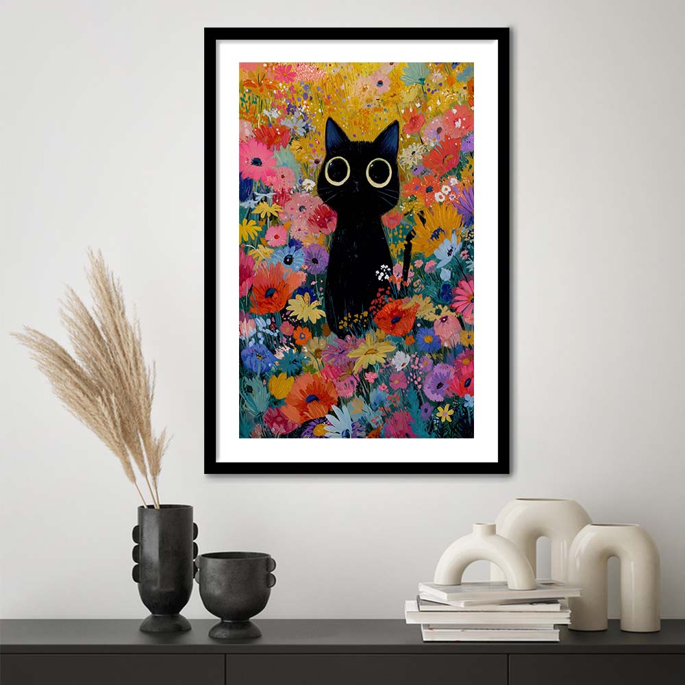 Black Cat In Flowers Painting Wall Art Print, Framed Art Print, White Border