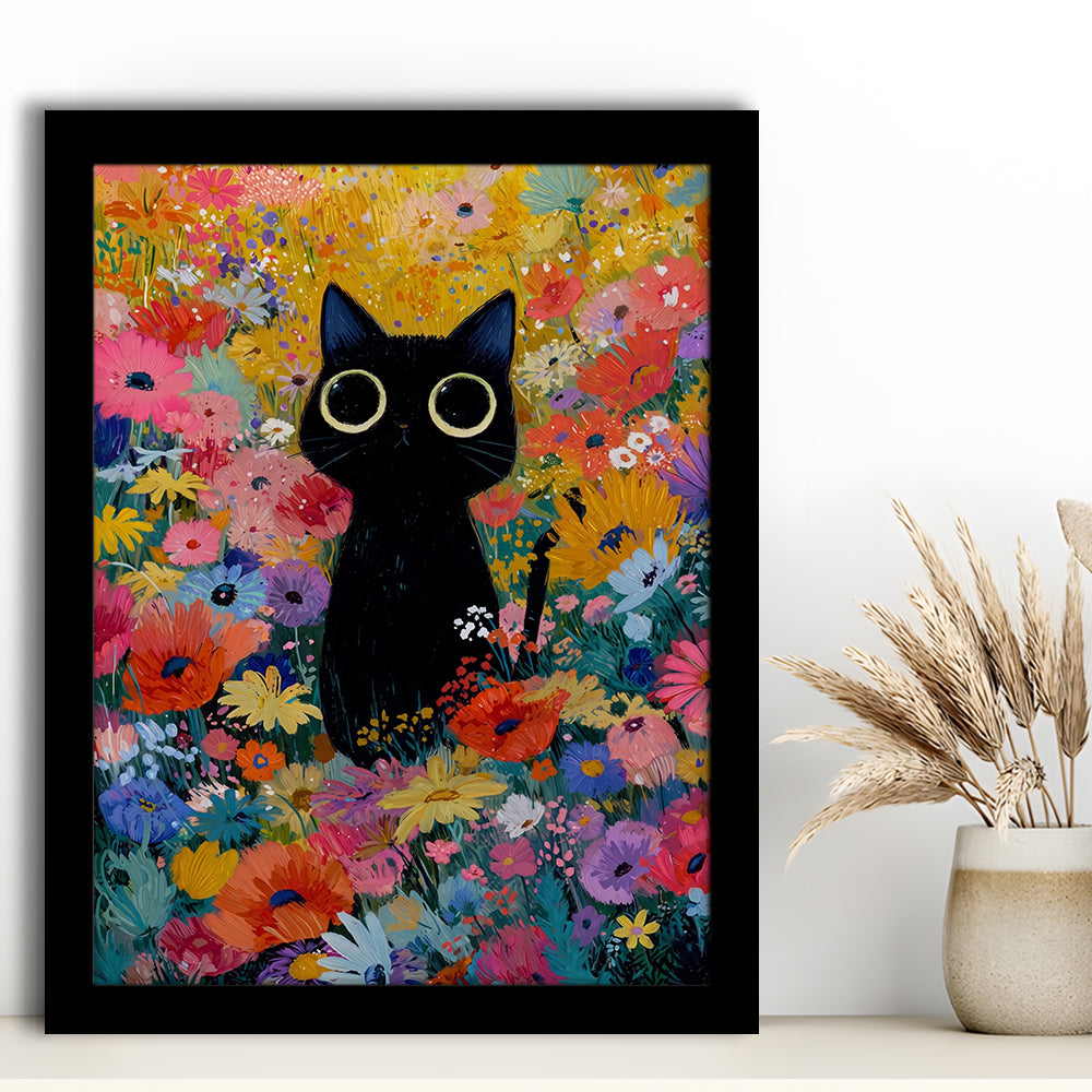 Black Cat In Flowers Painting Wall Art Print, Framed Art Print, Fine Art Print