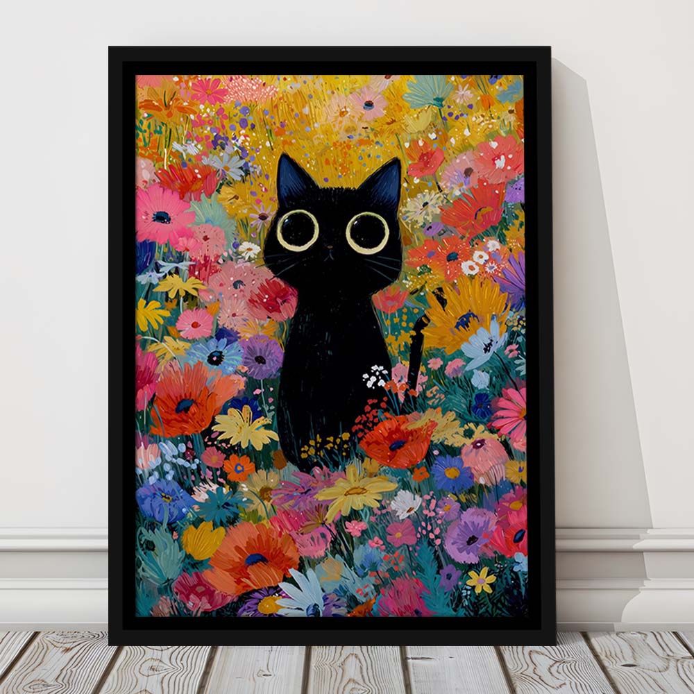 Black Cat In Flowers Painting Wall Art Print, Framed Canvas Print, Floating Frame
