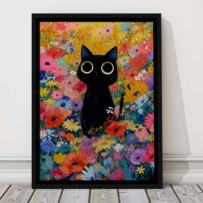 Black Cat In Flowers Painting Wall Art Print, Framed Canvas Print, Floating Frame