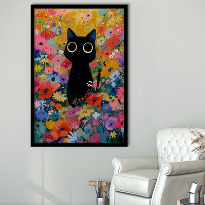 Black Cat In Flowers Painting Wall Art Print, Framed Art Print, Fine Art Print