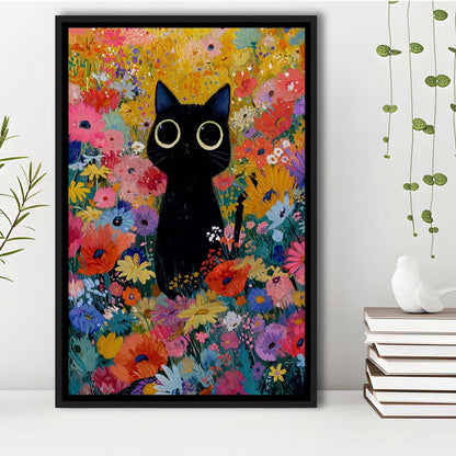 Black Cat In Flowers Painting Wall Art Print, Framed Canvas Print, Floating Frame