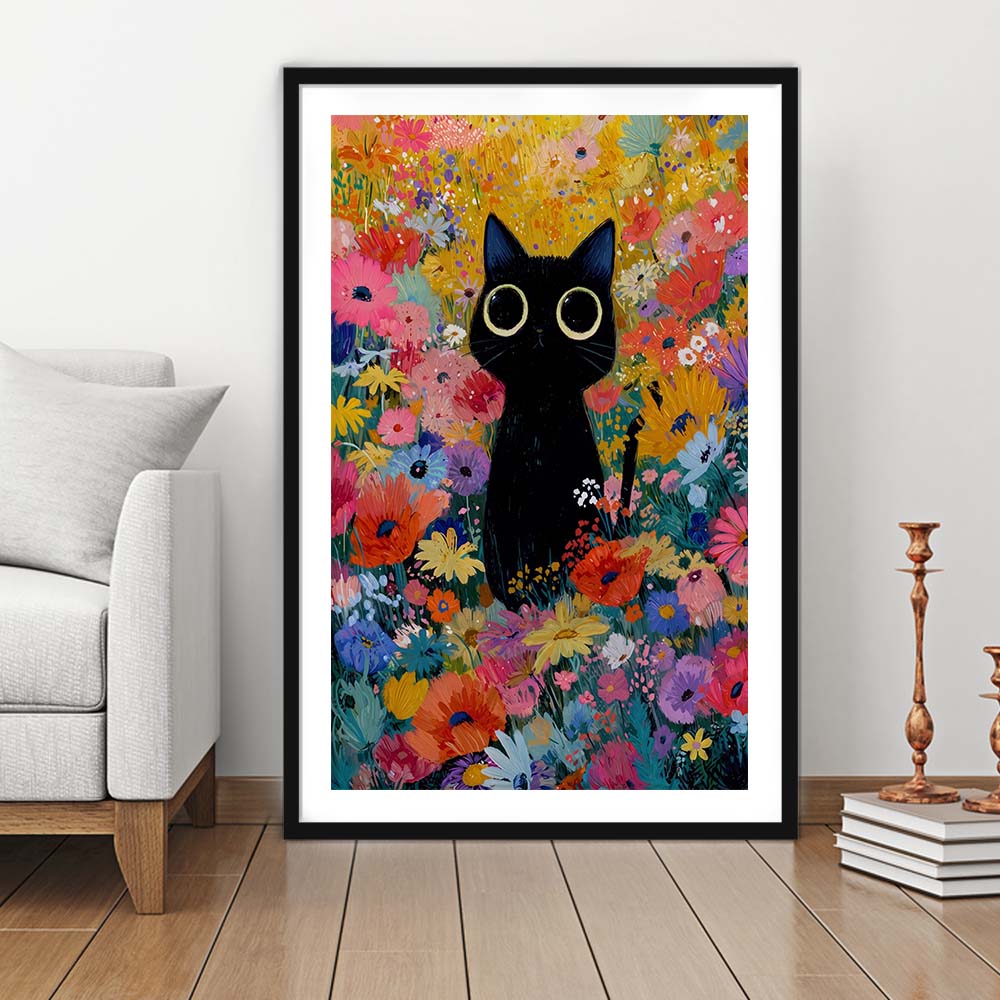 Black Cat In Flowers Painting Wall Art Print, Framed Art Print, White Border