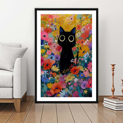 Black Cat In Flowers Painting Wall Art Print, Framed Art Print, White Border