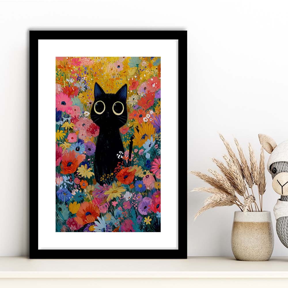 Black Cat In Flowers Painting Wall Art Print, Framed Art Print, White Border