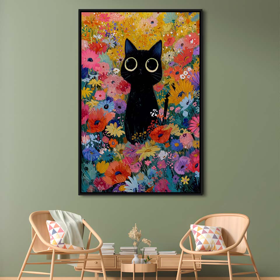 Black Cat In Flowers Painting Wall Art Print, Framed Canvas Print, Floating Frame