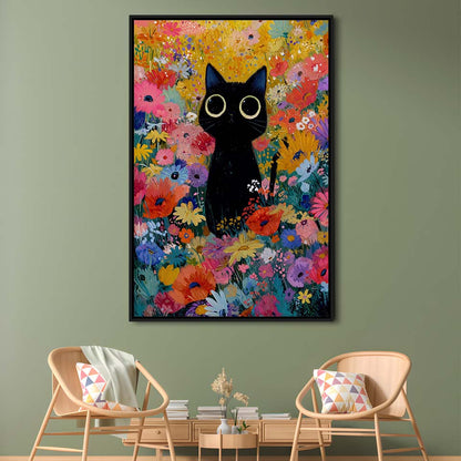 Black Cat In Flowers Painting Wall Art Print, Framed Canvas Print, Floating Frame
