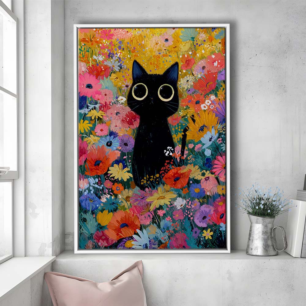 Black Cat In Flowers Painting Wall Art Print, Framed Canvas Print, Floating Frame