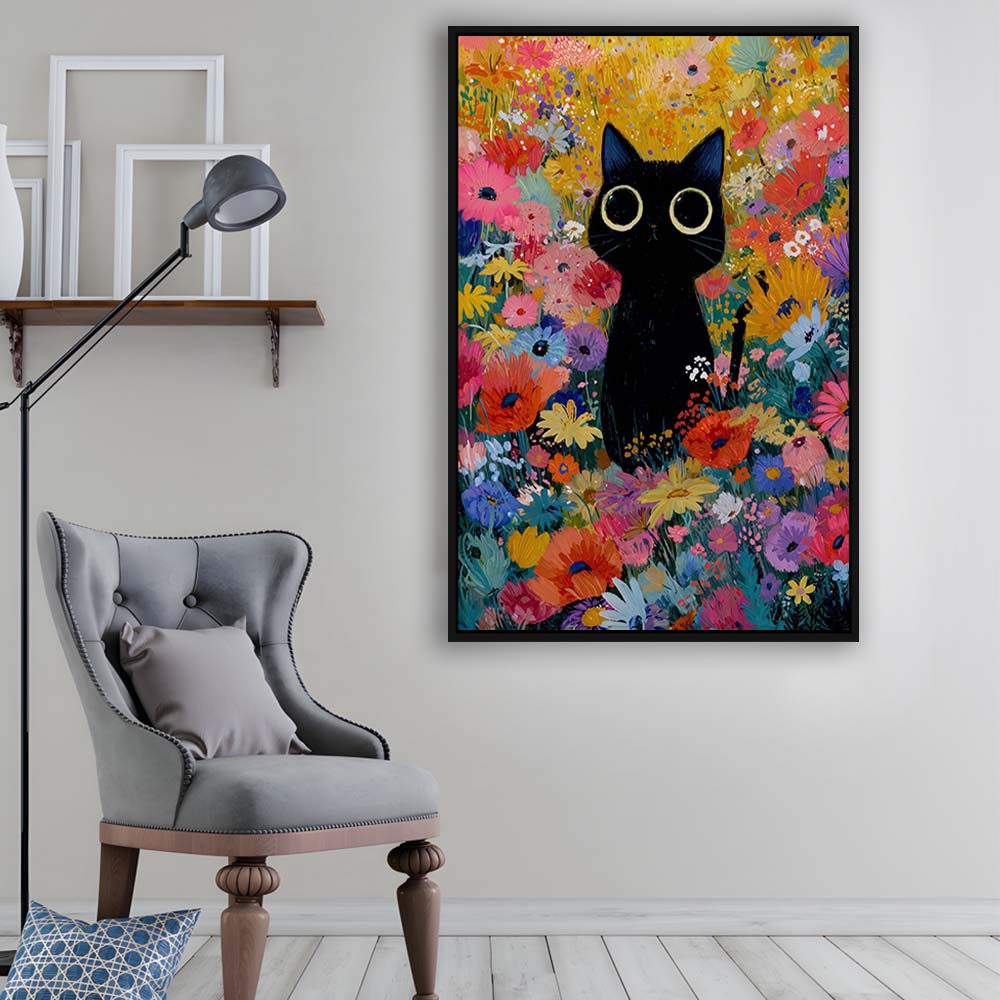 Black Cat In Flowers Painting Wall Art Print, Framed Canvas Print, Floating Frame