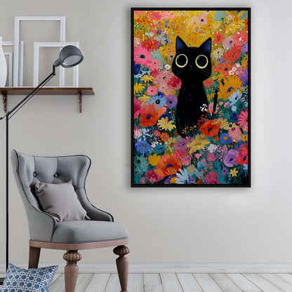 Black Cat In Flowers Painting Wall Art Print, Framed Canvas Print, Floating Frame