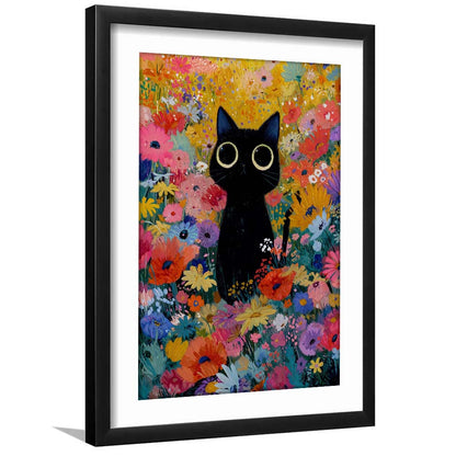Black Cat In Flowers Painting Wall Art Print, Framed Art Print, White Border
