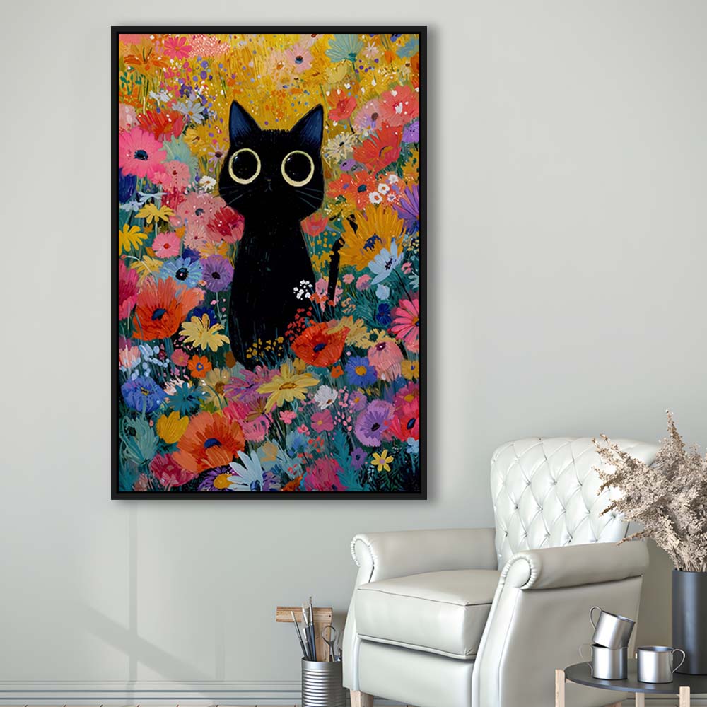 Black Cat In Flowers Painting Wall Art Print, Framed Canvas Print, Floating Frame