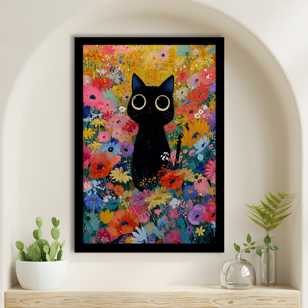Black Cat In Flowers Painting Wall Art Print, Framed Art Print, Fine Art Print