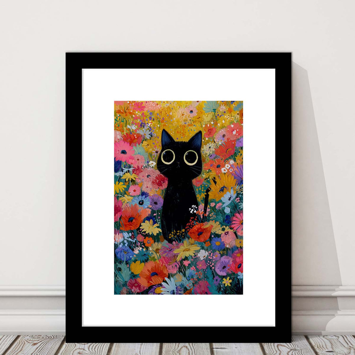 Black Cat In Flowers Painting Wall Art Print, Framed Art Print, White Border