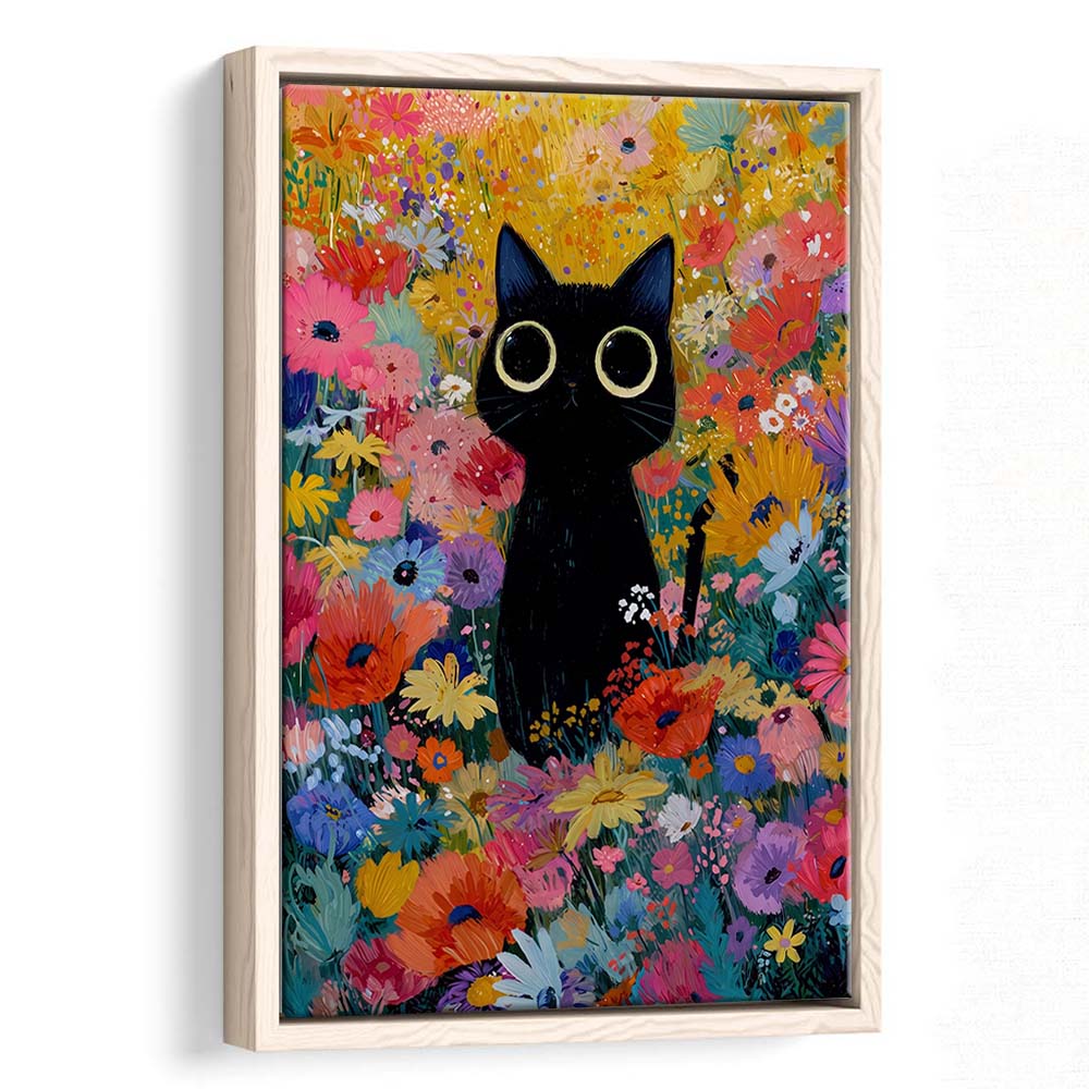 Black Cat In Flowers Painting Wall Art Print, Framed Canvas Print, Floating Frame
