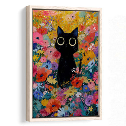 Black Cat In Flowers Painting Wall Art Print, Framed Canvas Print, Floating Frame