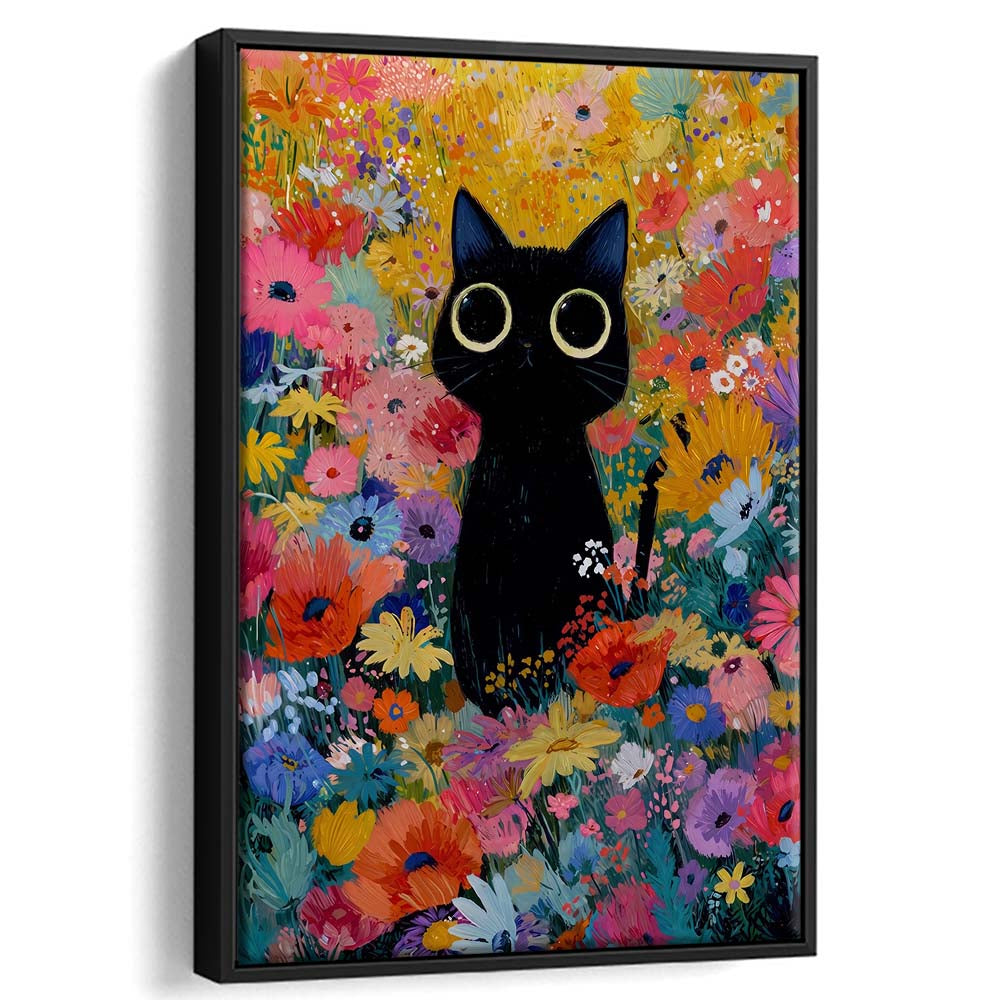 Black Cat In Flowers Painting Wall Art Print, Framed Canvas Print, Floating Frame