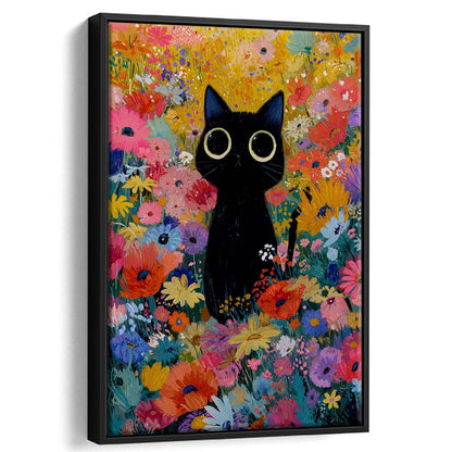 Black Cat In Flowers Painting Wall Art Print, Framed Canvas Print, Floating Frame
