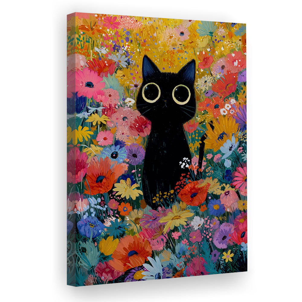 Black Cat In Flowers Painting Wall Art Print, Canvas Print, Canvas Decor