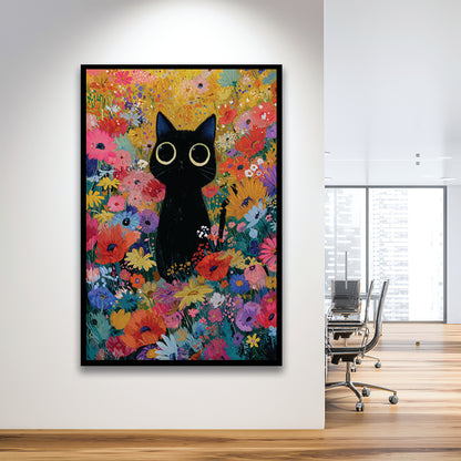 Black Cat In Flowers Painting Wall Art Print, Framed Art Print, Fine Art Print