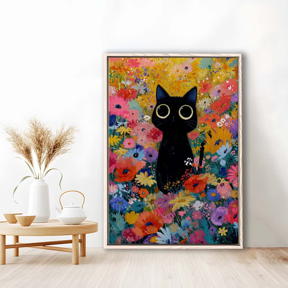 Black Cat In Flowers Painting Wall Art Print, Framed Canvas Print, Floating Frame