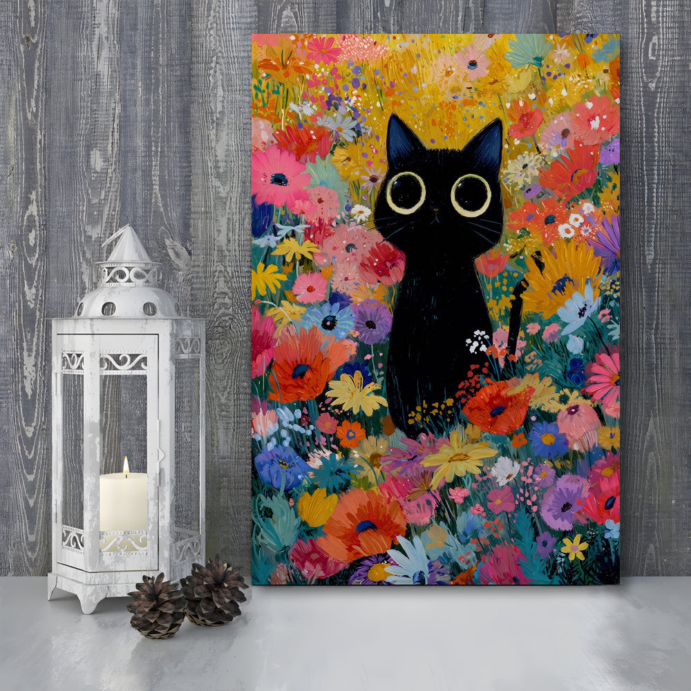 Black Cat In Flowers Painting Wall Art Print, Canvas Print, Canvas Decor