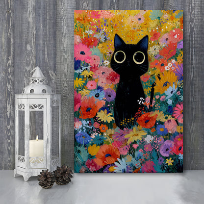 Black Cat In Flowers Painting Wall Art Print, Canvas Print, Canvas Decor