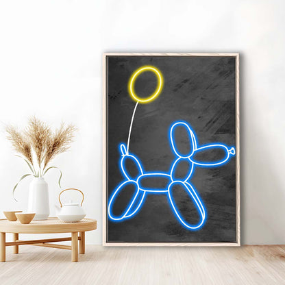 Blue Balloon Dog, Neon Sign Effect Art, Framed Canvas Print, Floating Frame, Luxury Wall Art Decor