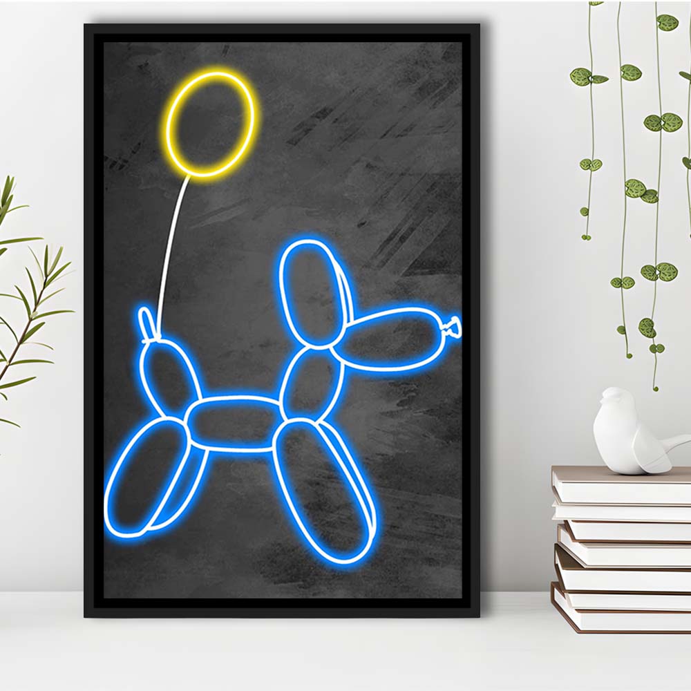 Blue Balloon Dog, Neon Sign Effect Art, Framed Canvas Print, Floating Frame, Luxury Wall Art Decor