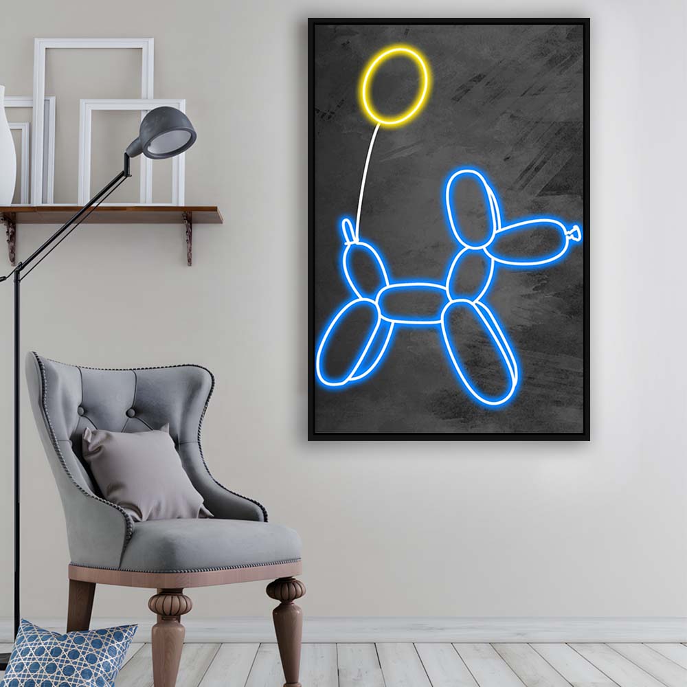 Blue Balloon Dog, Neon Sign Effect Art, Framed Canvas Print, Floating Frame, Luxury Wall Art Decor