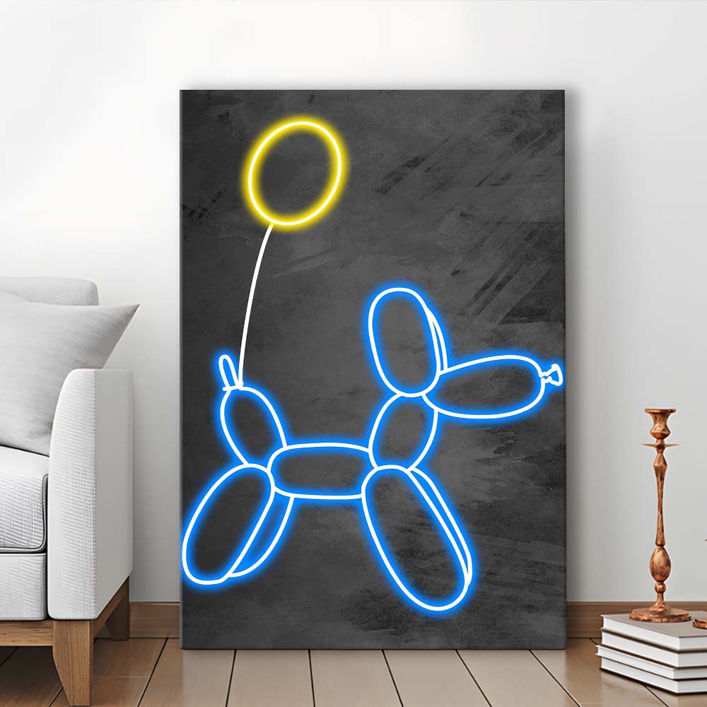 Blue Balloon Dog, Neon Sign Effect Art, Canvas Print, Luxury Wall Art Decor, Modern Art