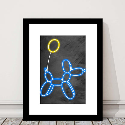 Blue Balloon Dog, Neon Sign Effect Art, Framed Art Print, Luxury Pictures Framed, White Border