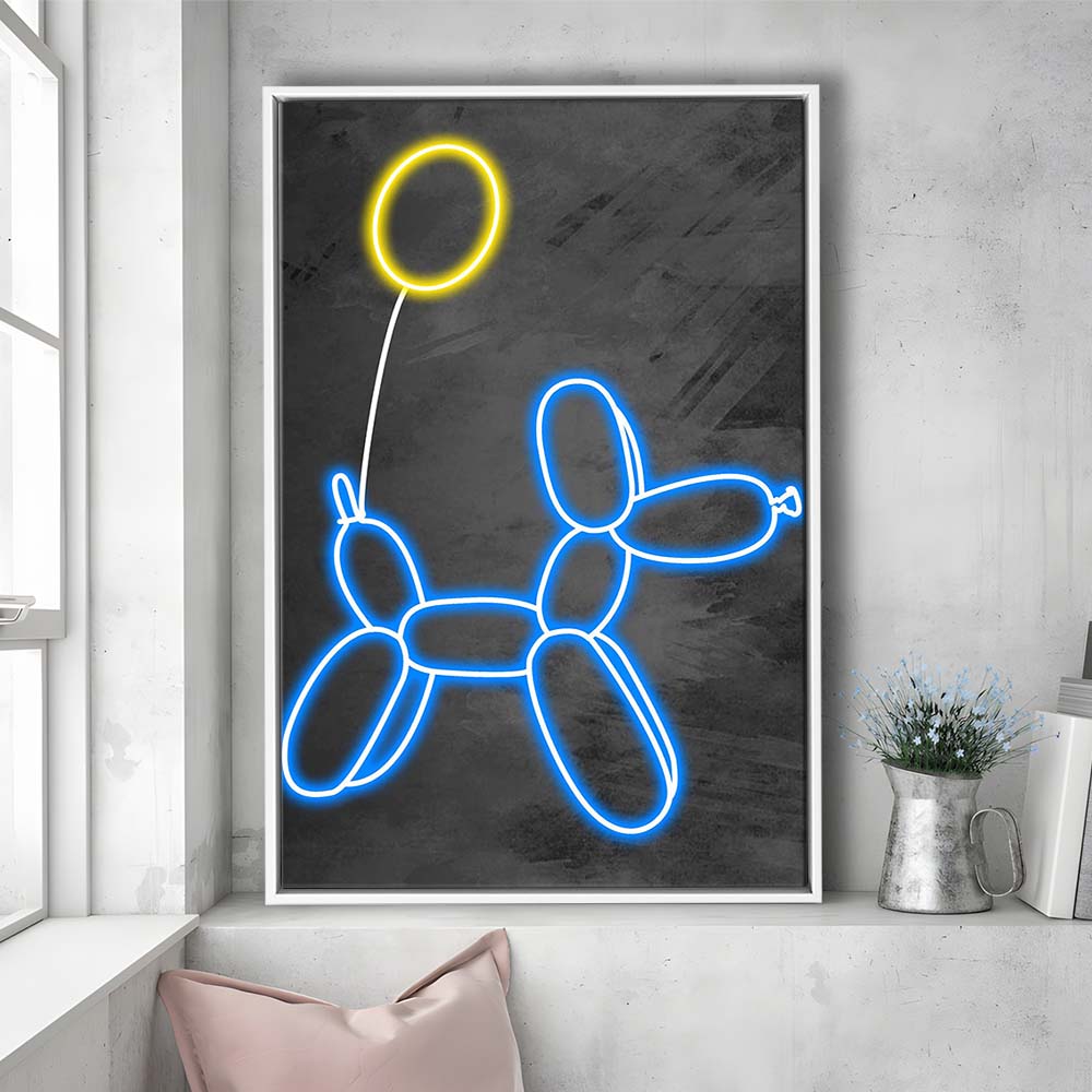 Blue Balloon Dog, Neon Sign Effect Art, Framed Canvas Print, Floating Frame, Luxury Wall Art Decor