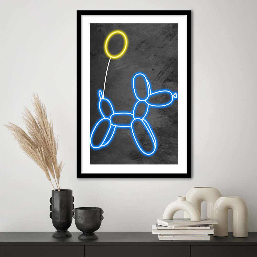 Blue Balloon Dog, Neon Sign Effect Art, Framed Art Print, Luxury Pictures Framed, White Border