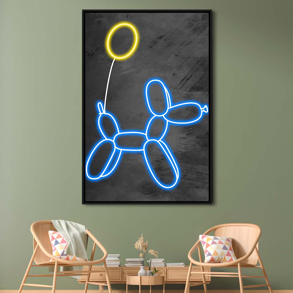 Blue Balloon Dog, Neon Sign Effect Art, Framed Canvas Print, Floating Frame, Luxury Wall Art Decor