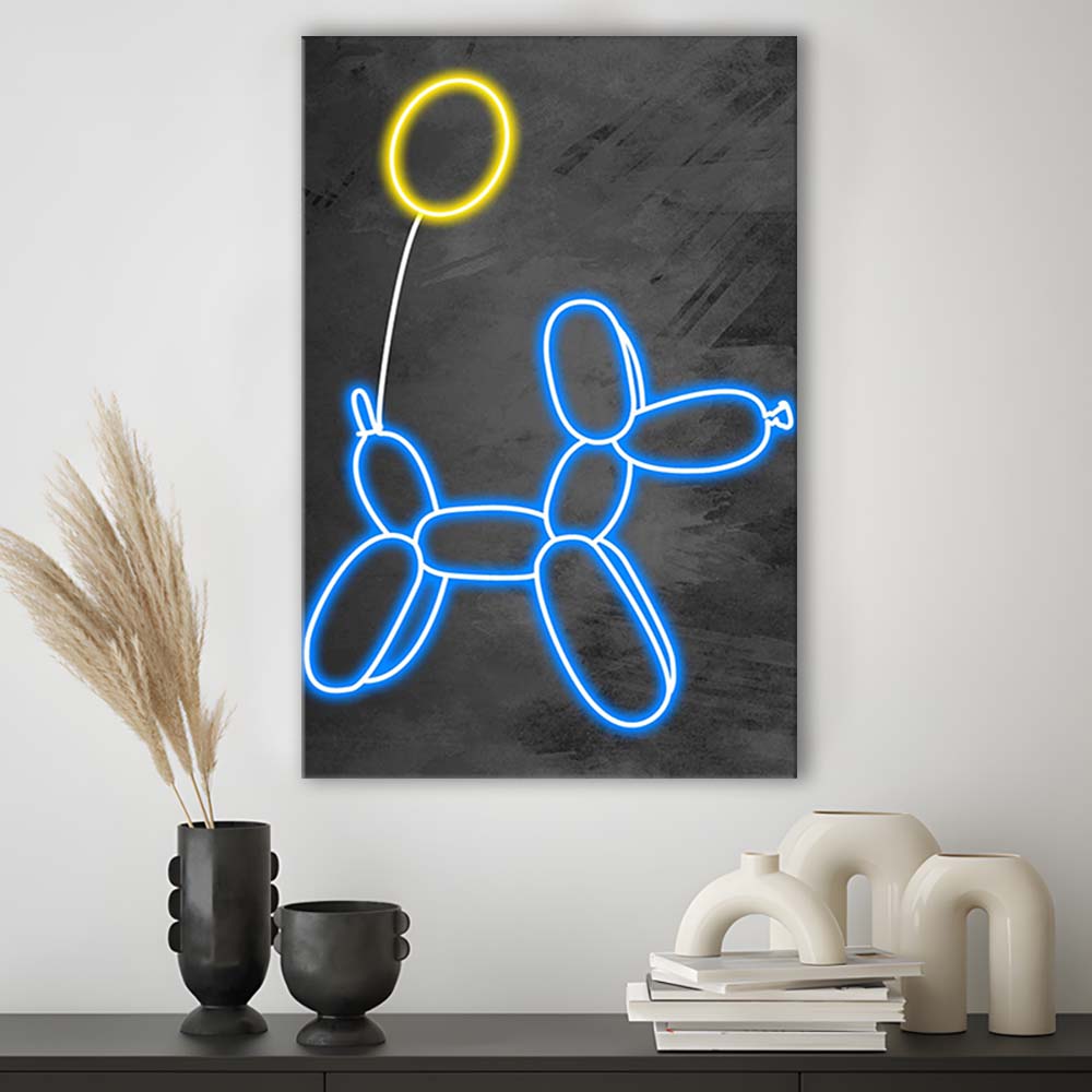 Blue Balloon Dog, Neon Sign Effect Art, Canvas Print, Luxury Wall Art Decor, Modern Art