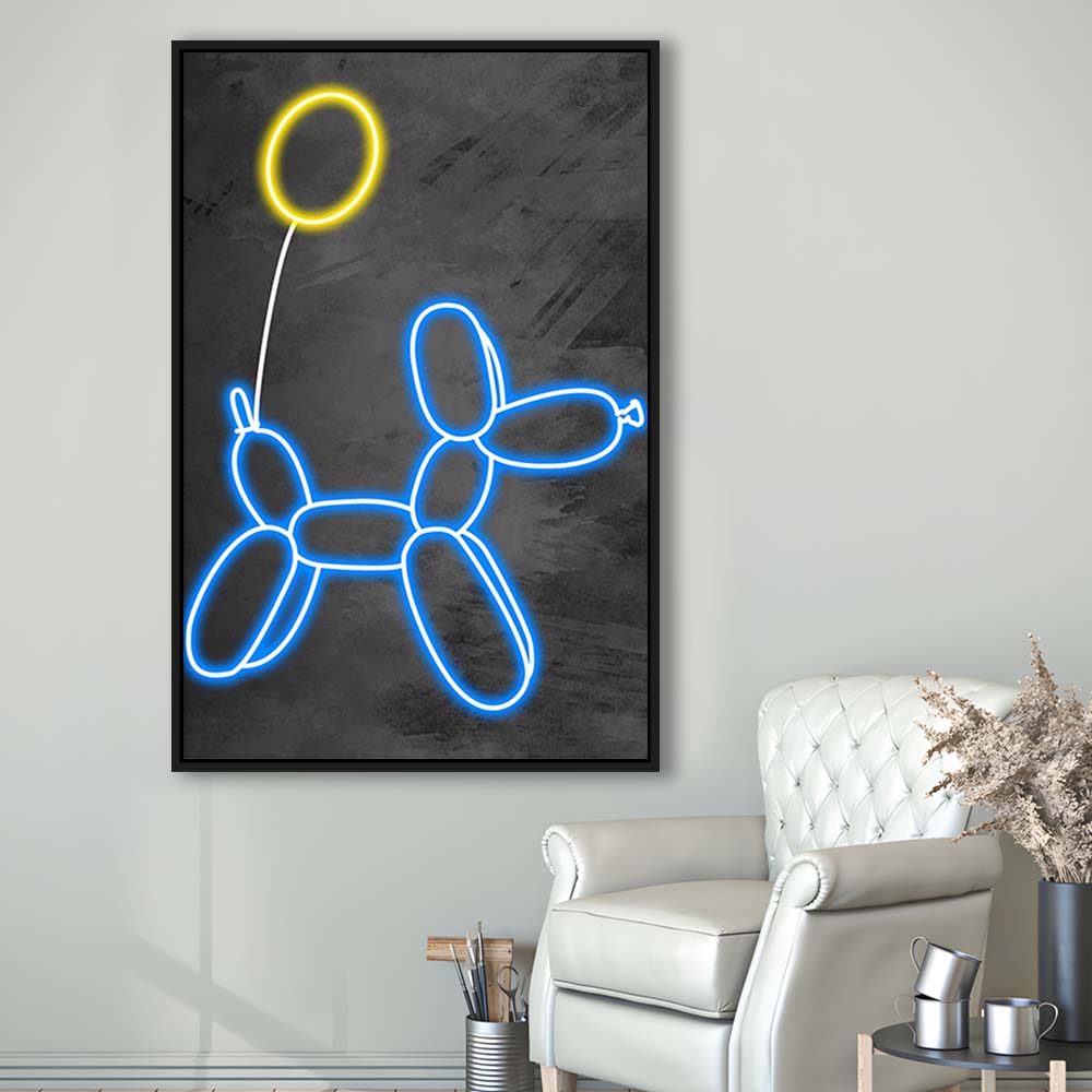 Blue Balloon Dog, Neon Sign Effect Art, Framed Canvas Print, Floating Frame, Luxury Wall Art Decor